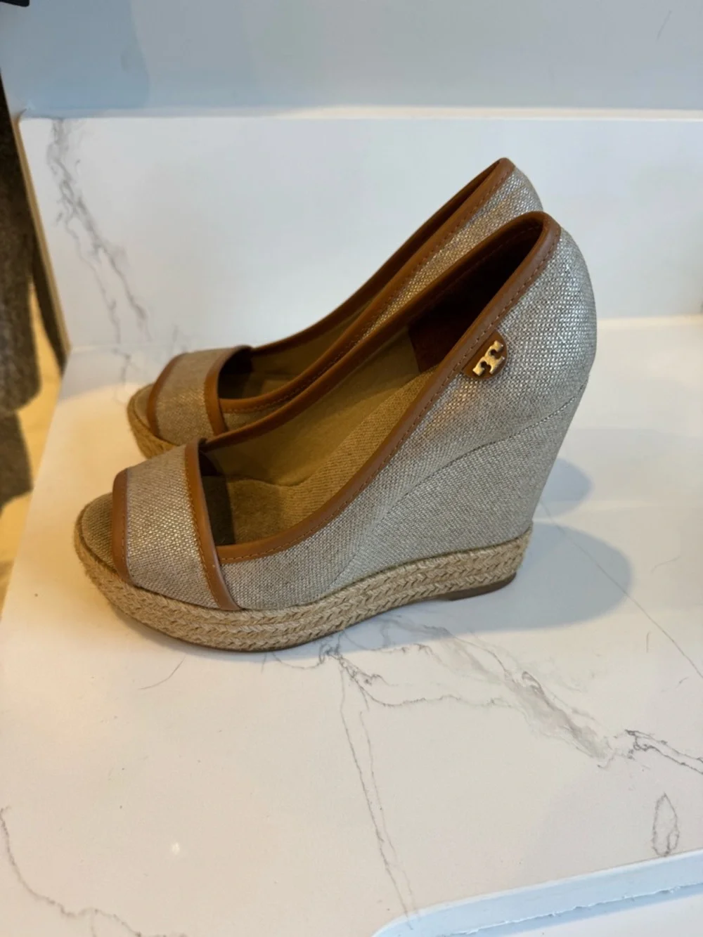 Tory Burch Natural Canvas Espadrille Wedge with Tan Trim- Size 6 - Picture 6 of 6
